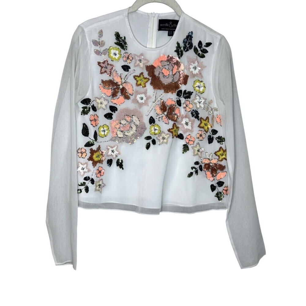Needle & Thread Trailing Floral Blouse Womens 4 White Sequin Long Sleeve Top